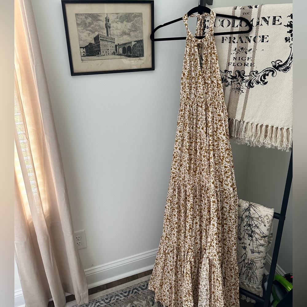 Golden floral halter neck maxi dress